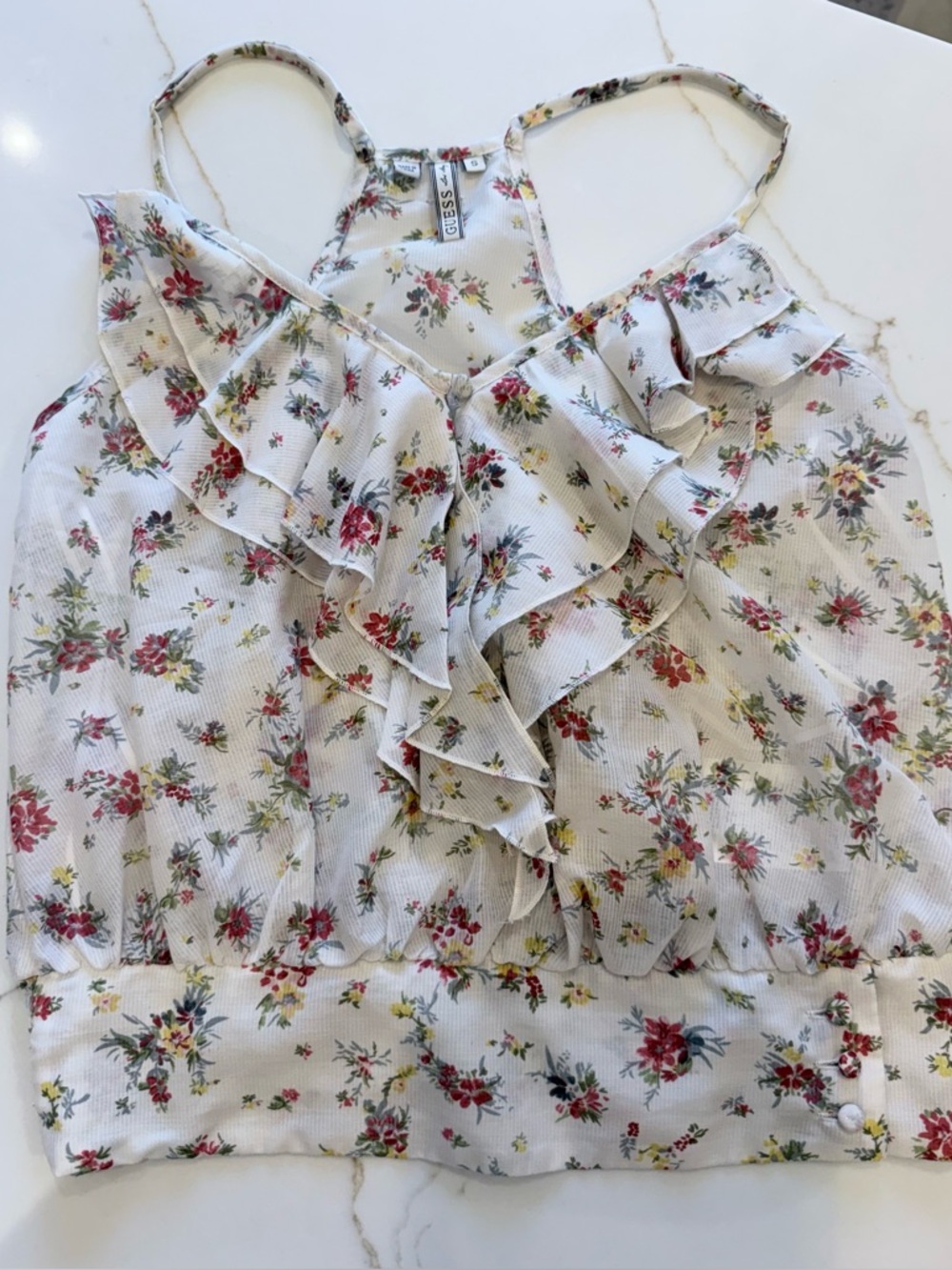 Guess White Floral Ruffle Camisole with Red & Green Print